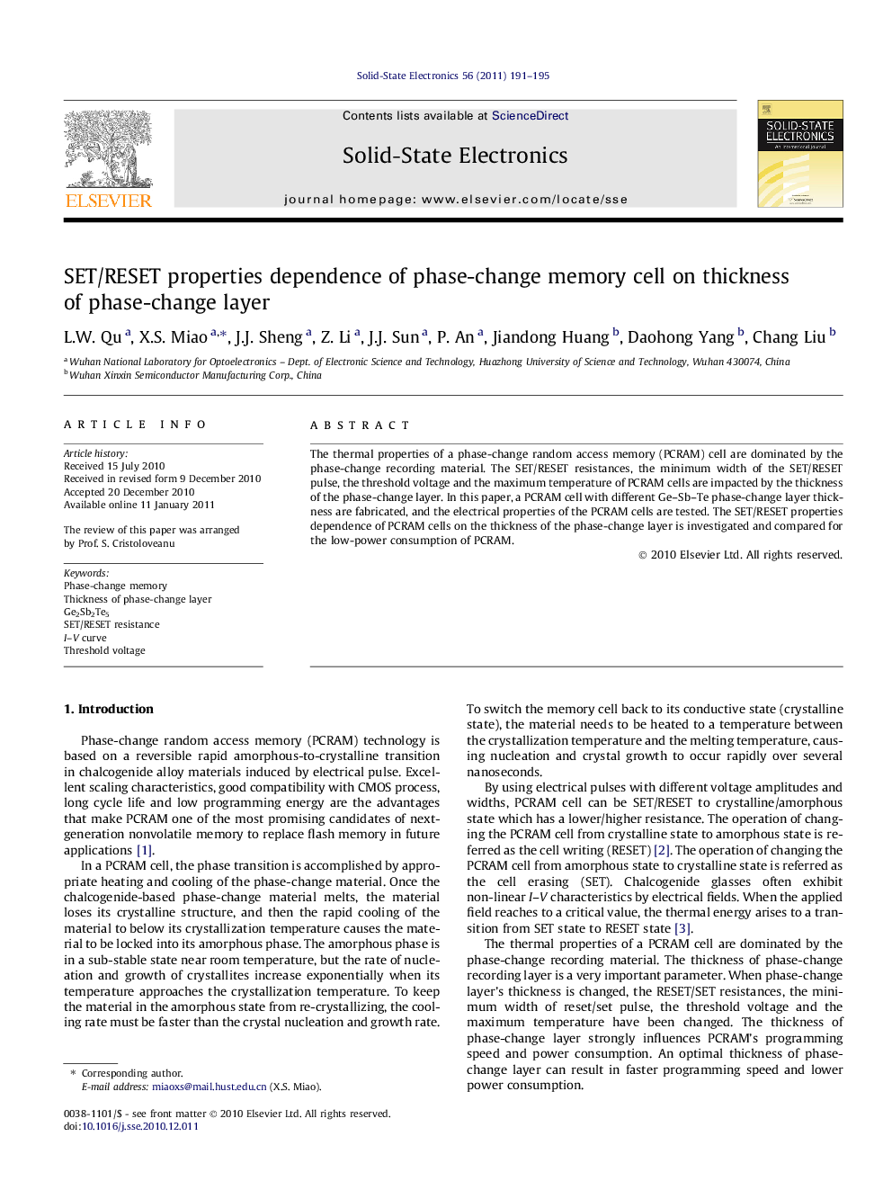 SET/RESET properties dependence of phase-change memory cell on thickness of phase-change layer