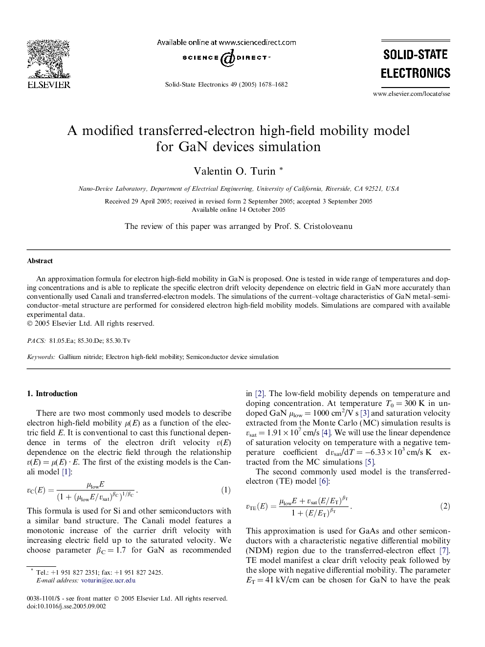 A modified transferred-electron high-field mobility model for GaN devices simulation