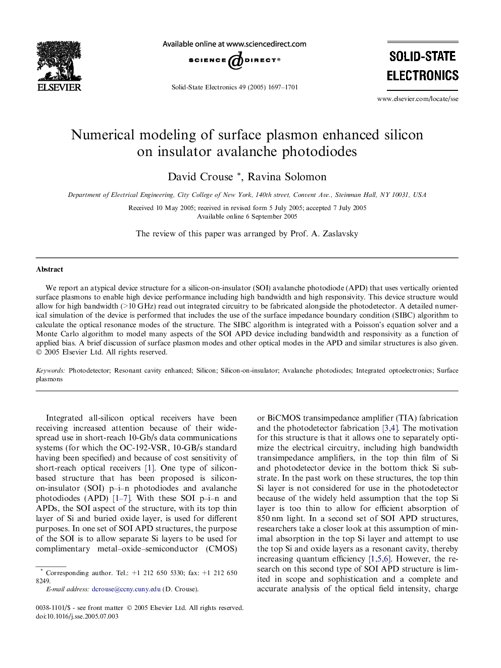 Numerical modeling of surface plasmon enhanced silicon on insulator avalanche photodiodes