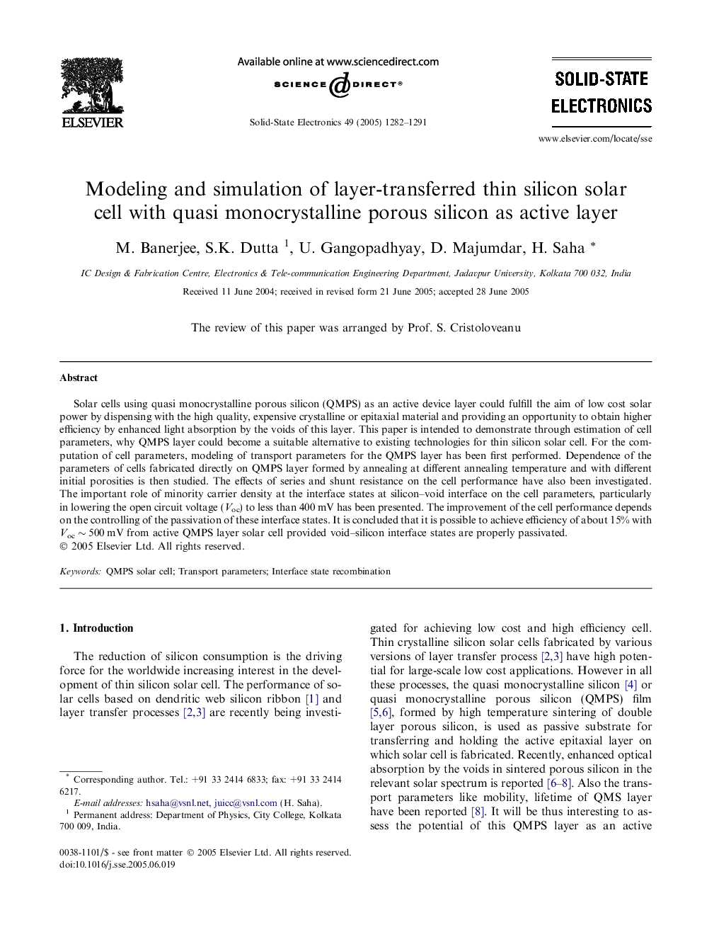 Modeling and simulation of layer-transferred thin silicon solar cell with quasi monocrystalline porous silicon as active layer