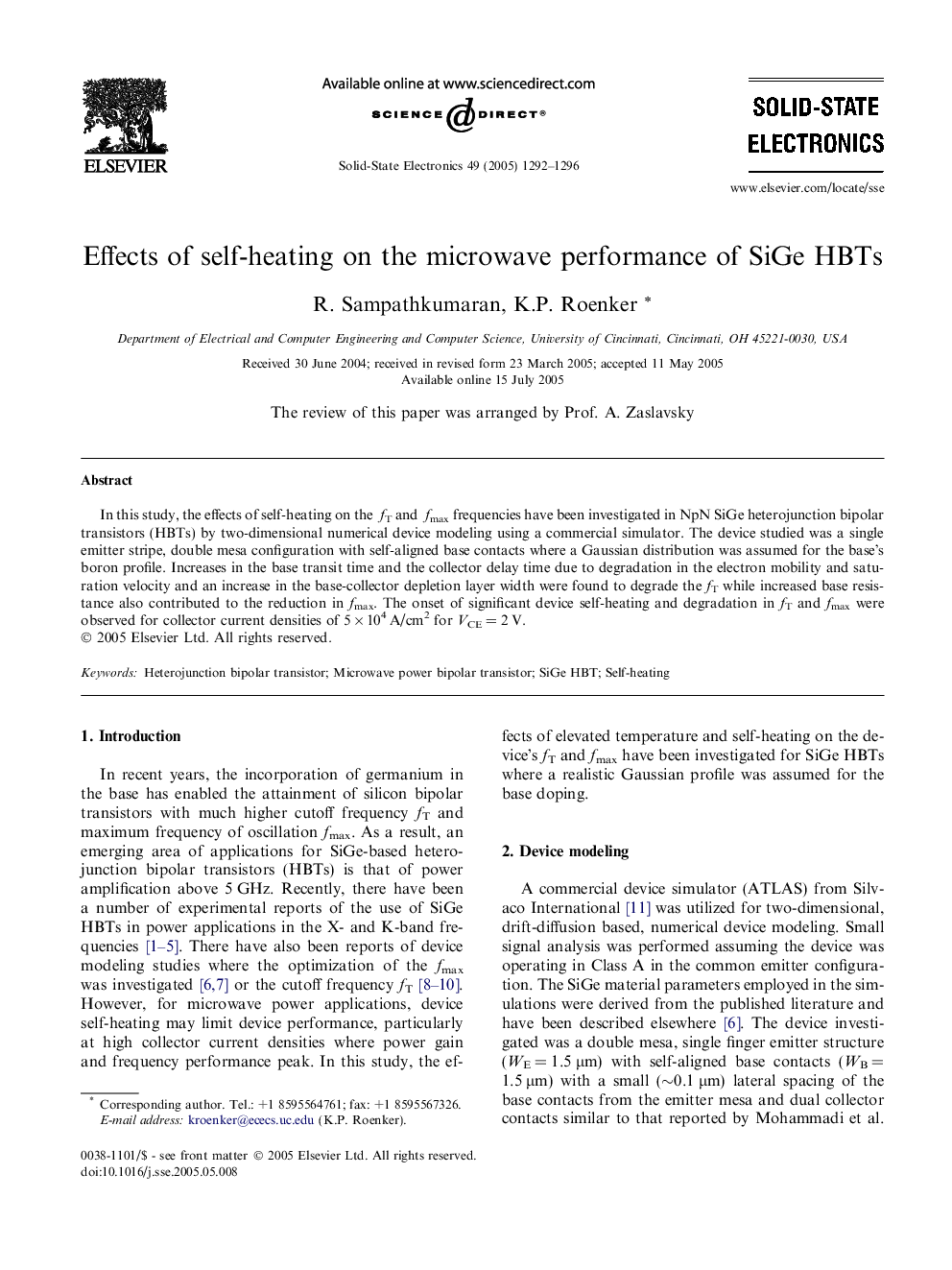 Effects of self-heating on the microwave performance of SiGe HBTs