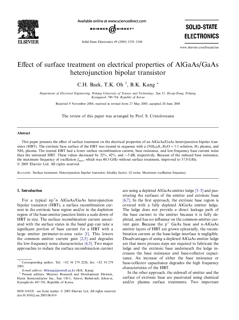 Effect of surface treatment on electrical properties of AlGaAs/GaAs heterojunction bipolar transistor