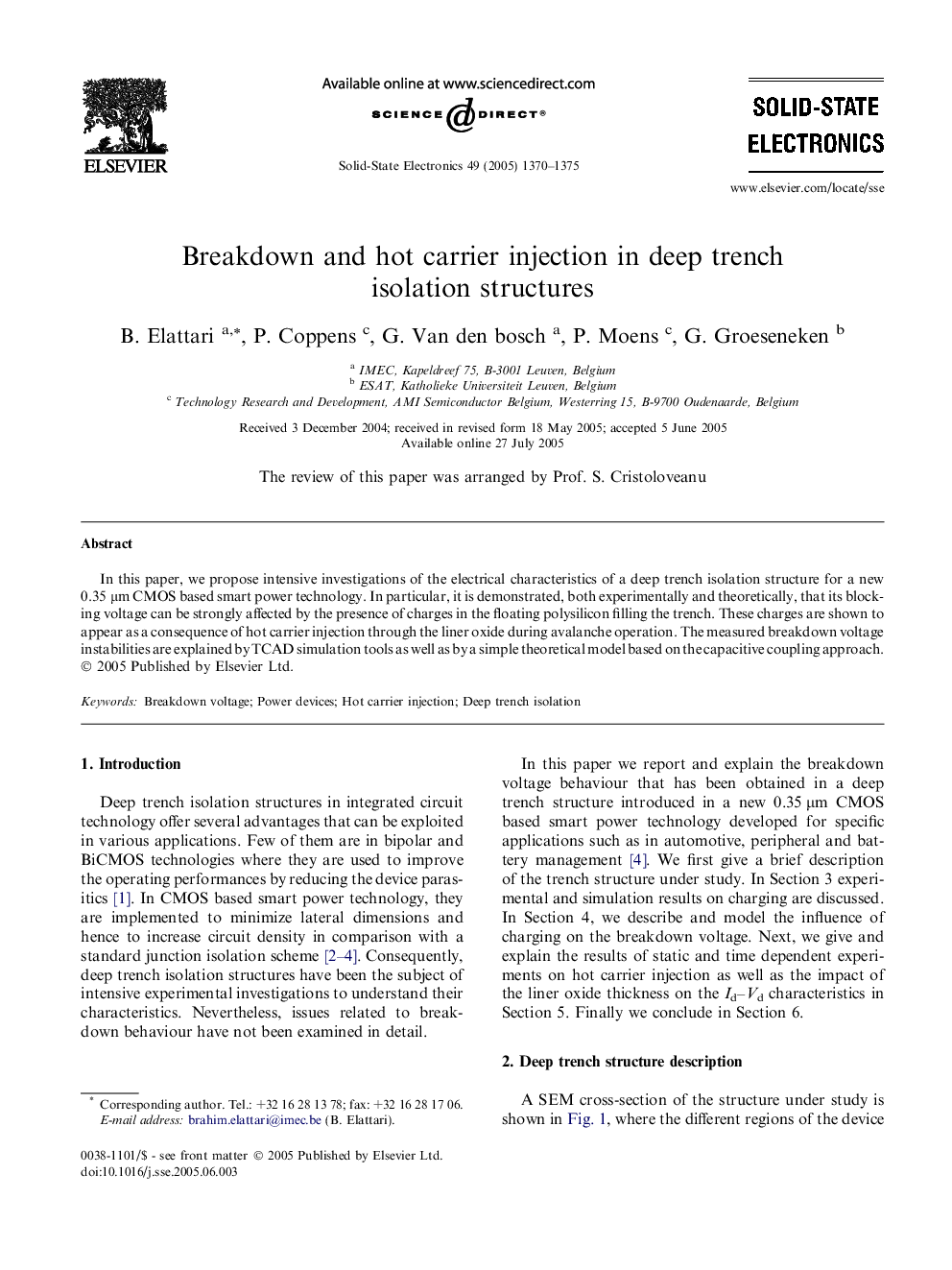 Breakdown and hot carrier injection in deep trench isolation structures