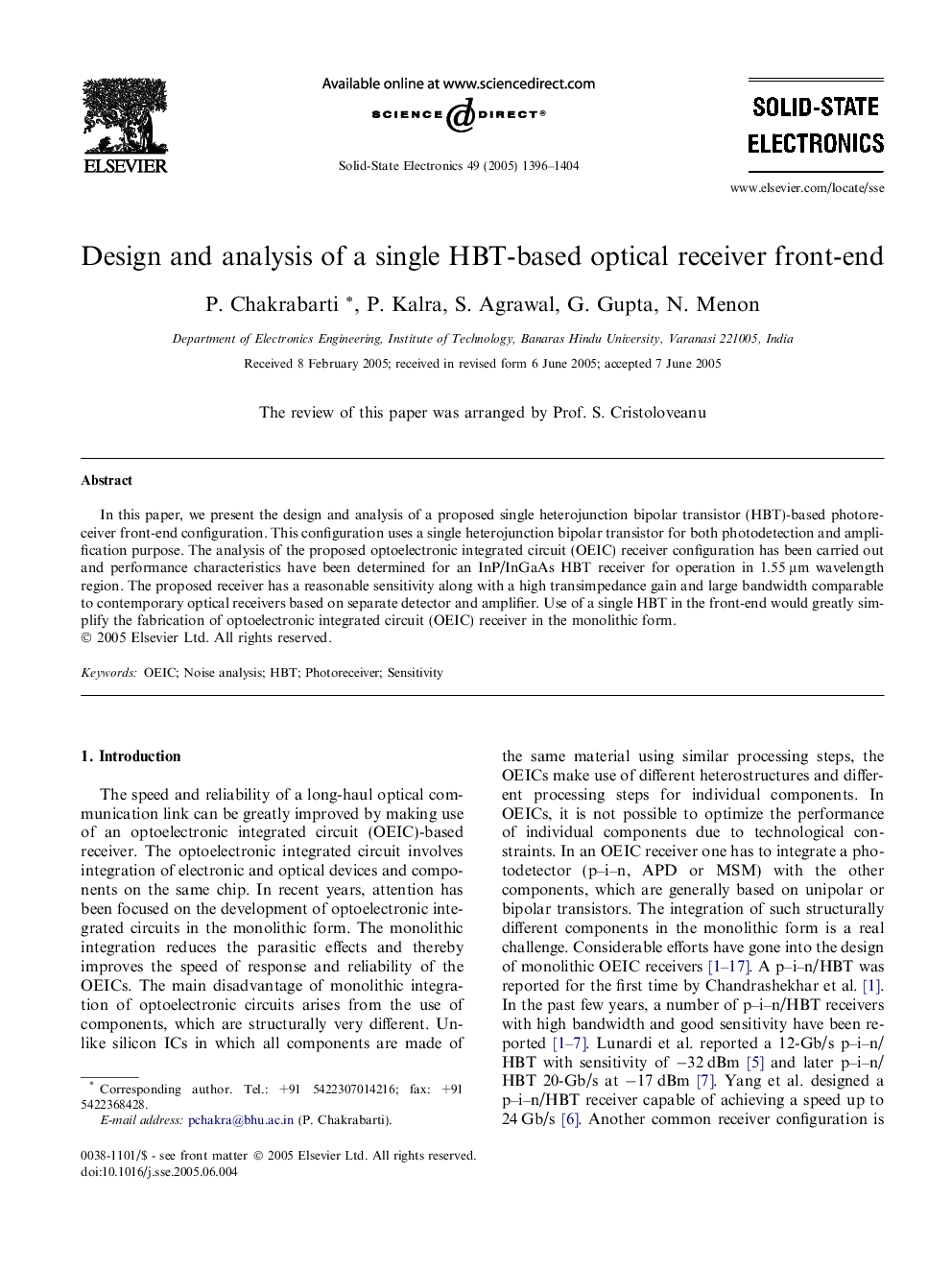 Design and analysis of a single HBT-based optical receiver front-end