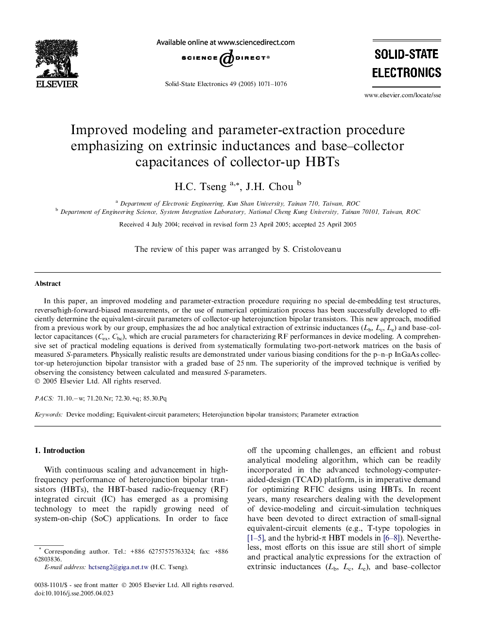 Improved modeling and parameter-extraction procedure emphasizing on extrinsic inductances and base-collector capacitances of collector-up HBTs