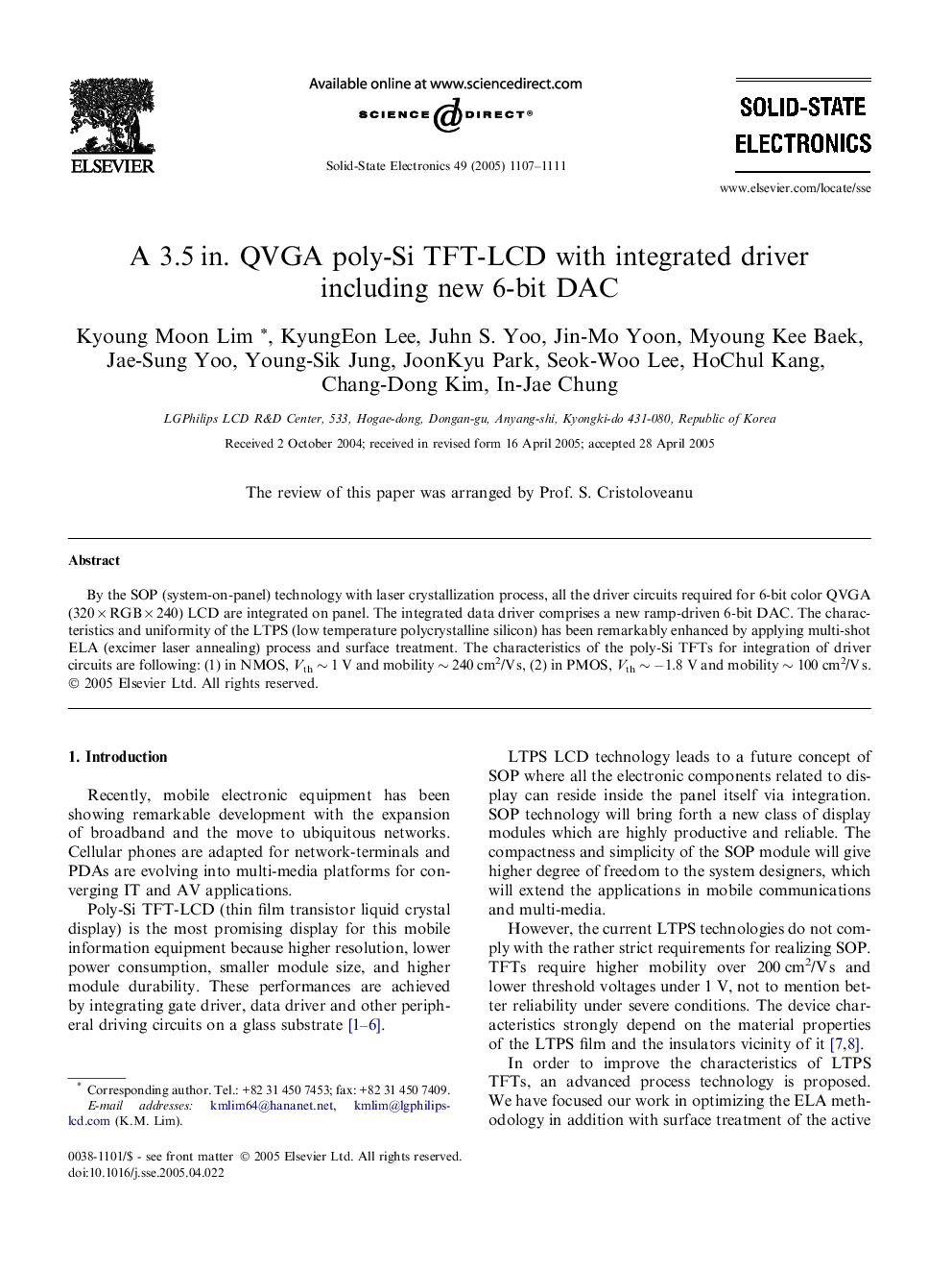 عکس صفحه اول مقاله: A 3.5Â in. QVGA poly-Si TFT-LCD with integrated driver including new 6-bit DAC A 3.5Â in. QVGA poly-Si TFT-LCD with integrated driver including new 6-bit DAC