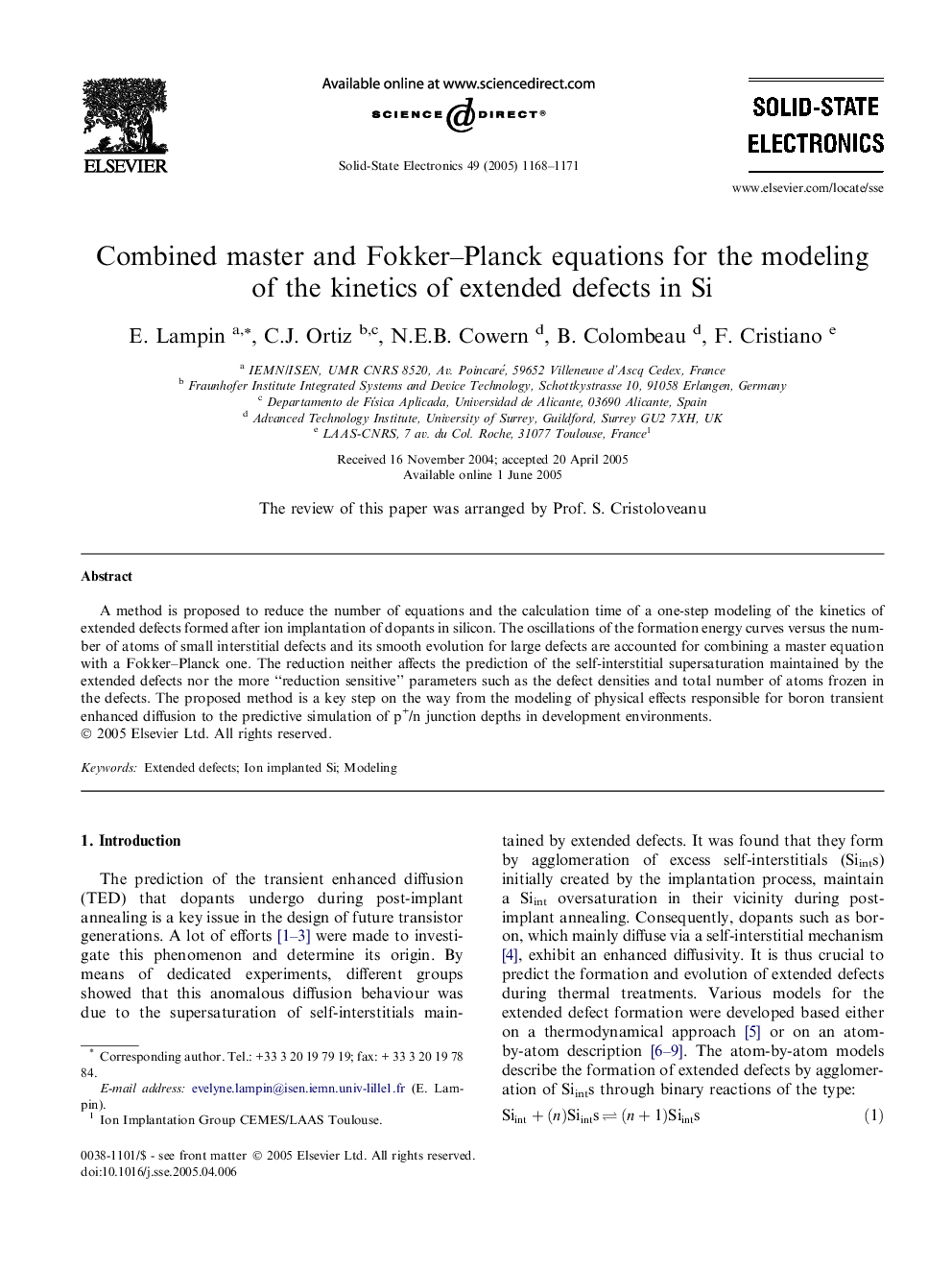 Combined master and Fokker-Planck equations for the modeling of the kinetics of extended defects in Si