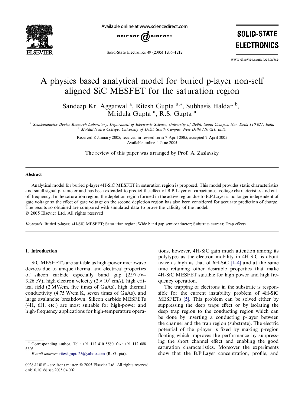 A physics based analytical model for buried p-layer non-self aligned SiC MESFET for the saturation region