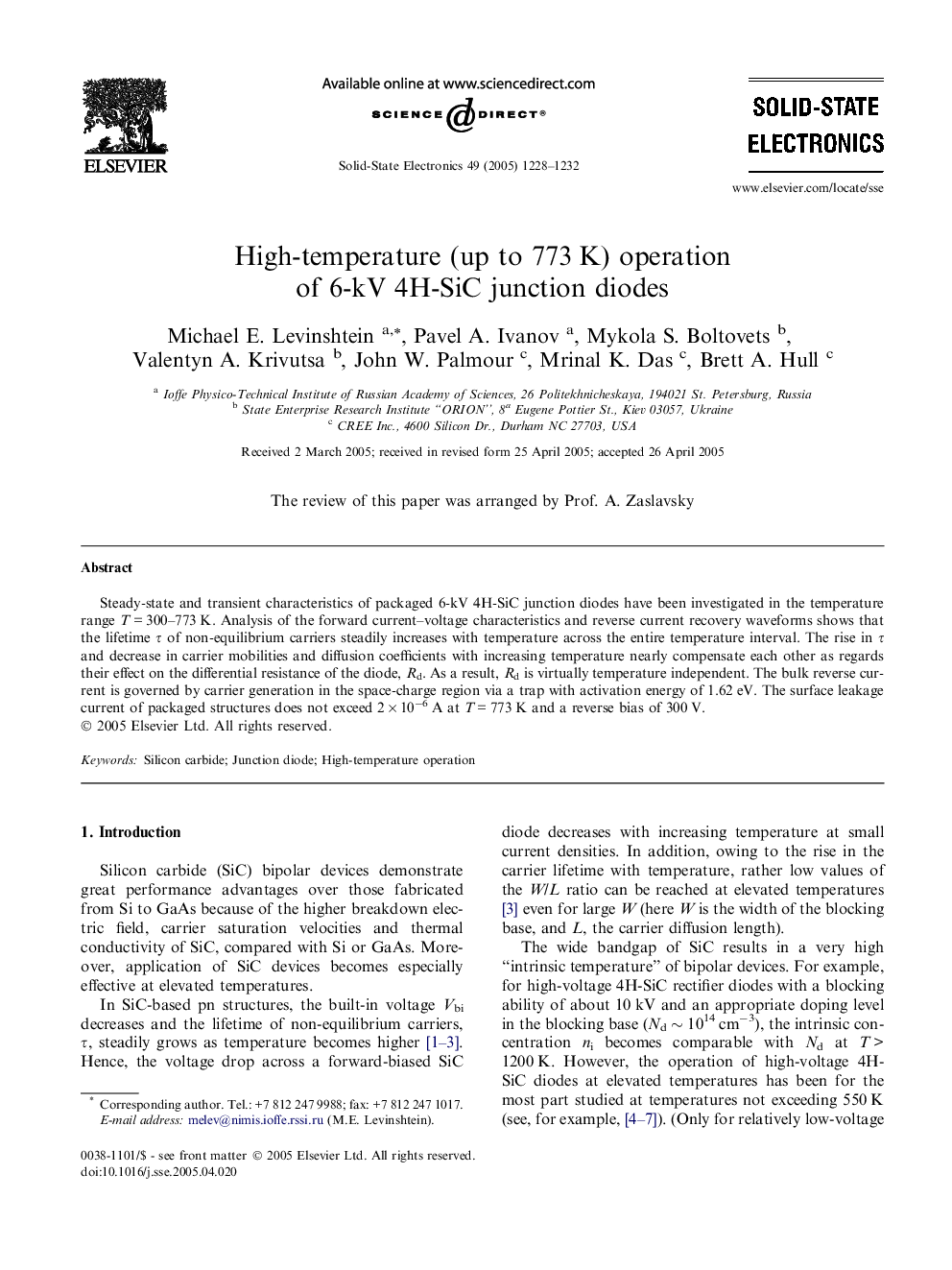 High-temperature (up to 773Â K) operation of 6-kV 4H-SiC junction diodes