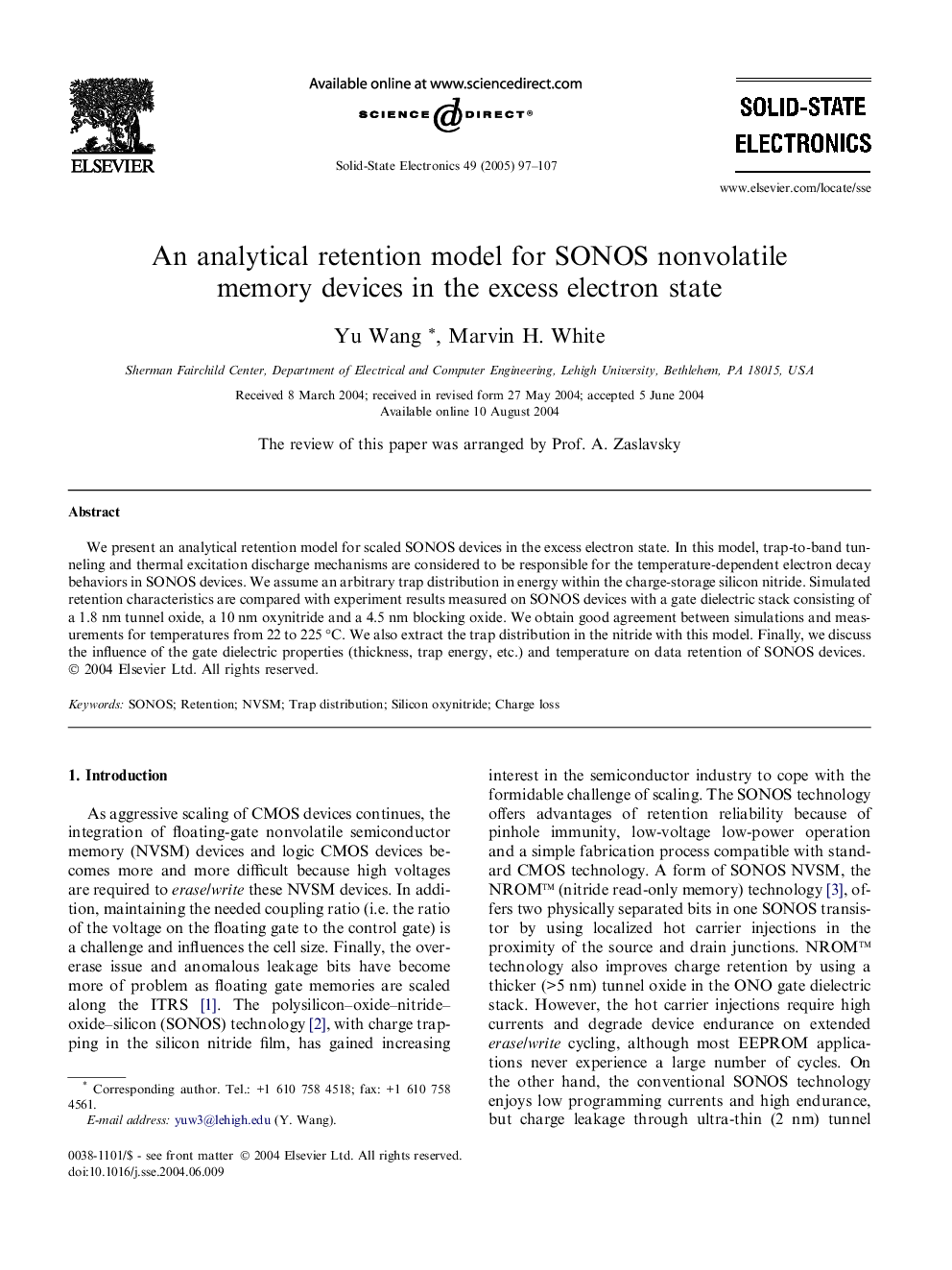 An analytical retention model for SONOS nonvolatile memory devices in the excess electron state