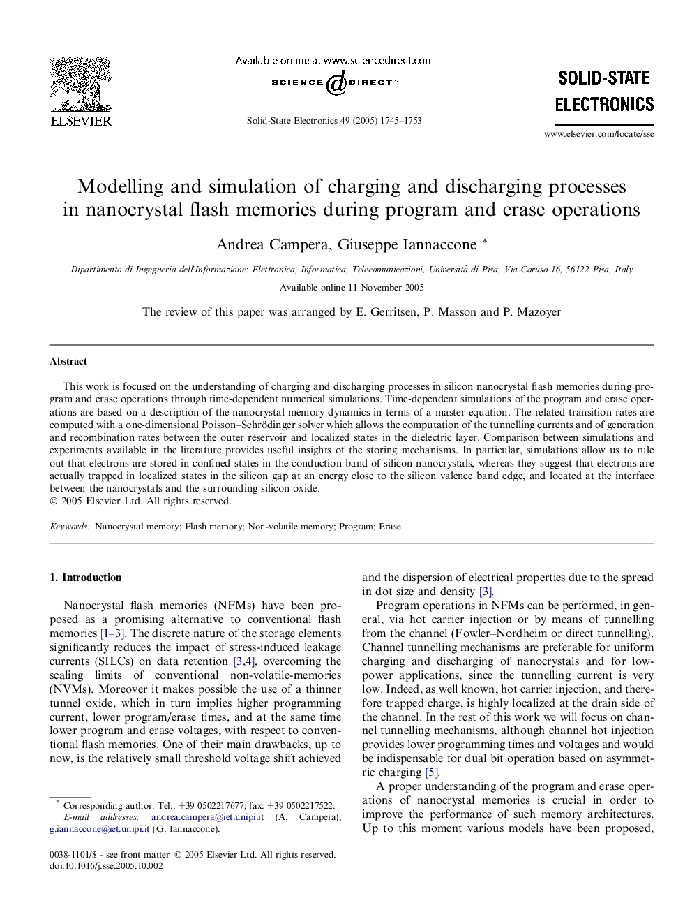 Modelling and simulation of charging and discharging processes in nanocrystal flash memories during program and erase operations