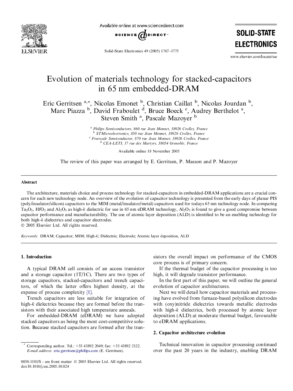 Evolution of materials technology for stacked-capacitors in 65Â nm embedded-DRAM