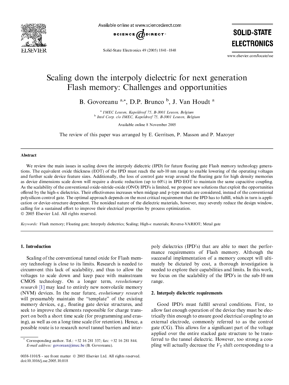 Scaling down the interpoly dielectric for next generation Flash memory: Challenges and opportunities