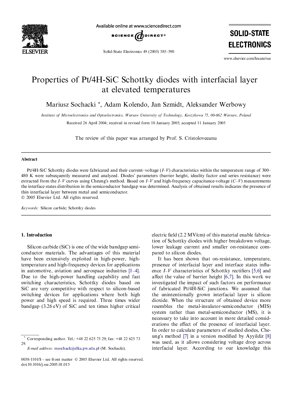 Properties of Pt/4H-SiC Schottky diodes with interfacial layer at elevated temperatures