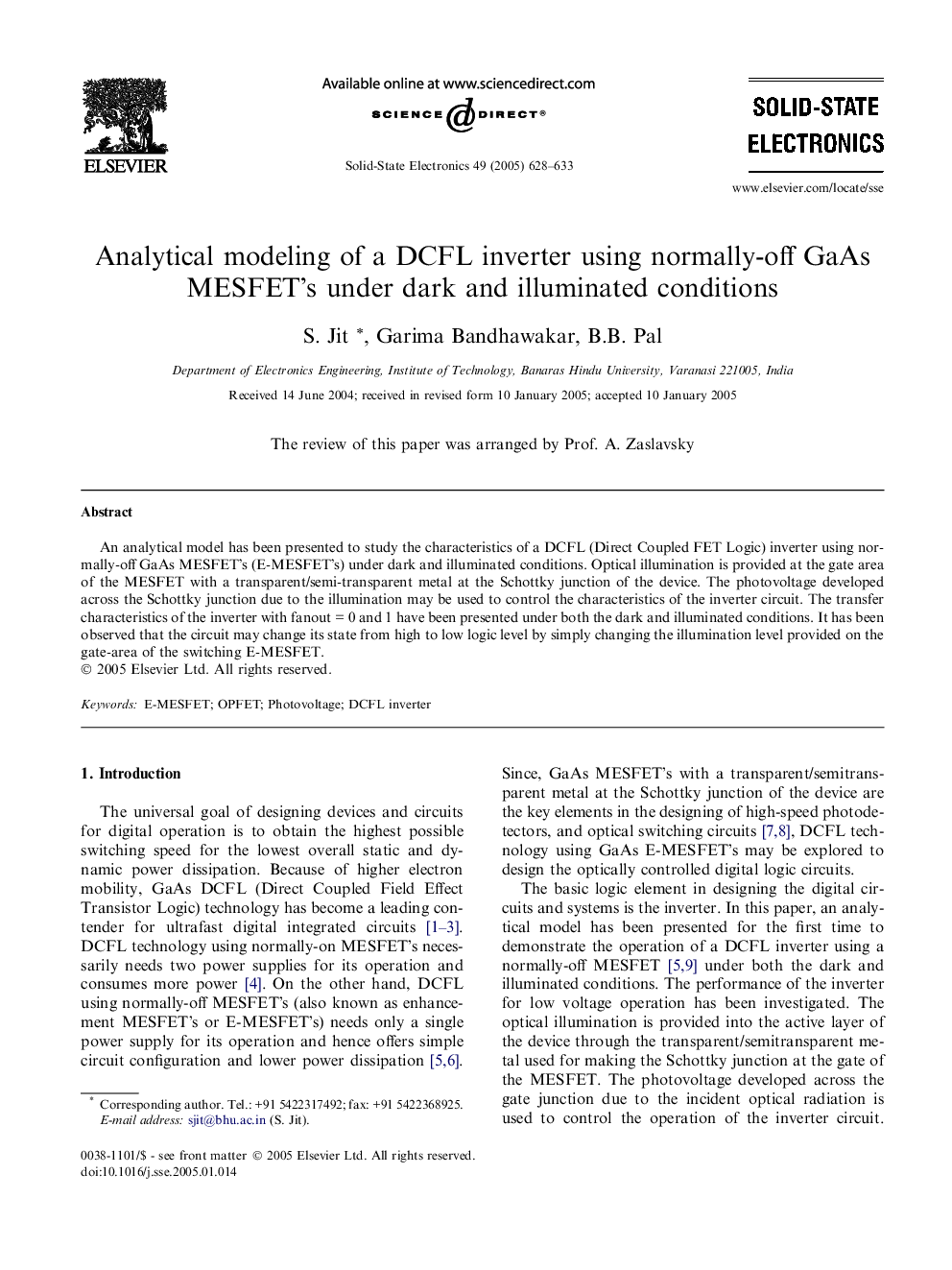 Analytical modeling of a DCFL inverter using normally-off GaAs MESFET's under dark and illuminated conditions