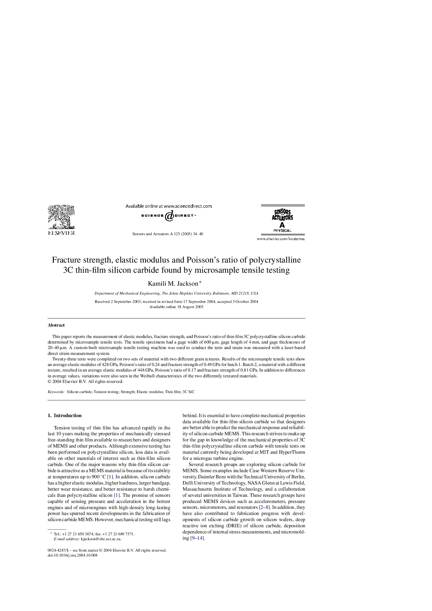 Fracture strength, elastic modulus and Poisson's ratio of polycrystalline 3C thin-film silicon carbide found by microsample tensile testing