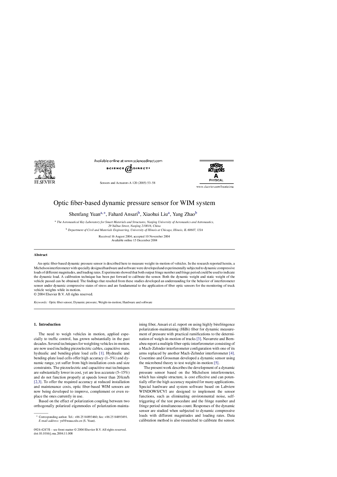 Optic fiber-based dynamic pressure sensor for WIM system