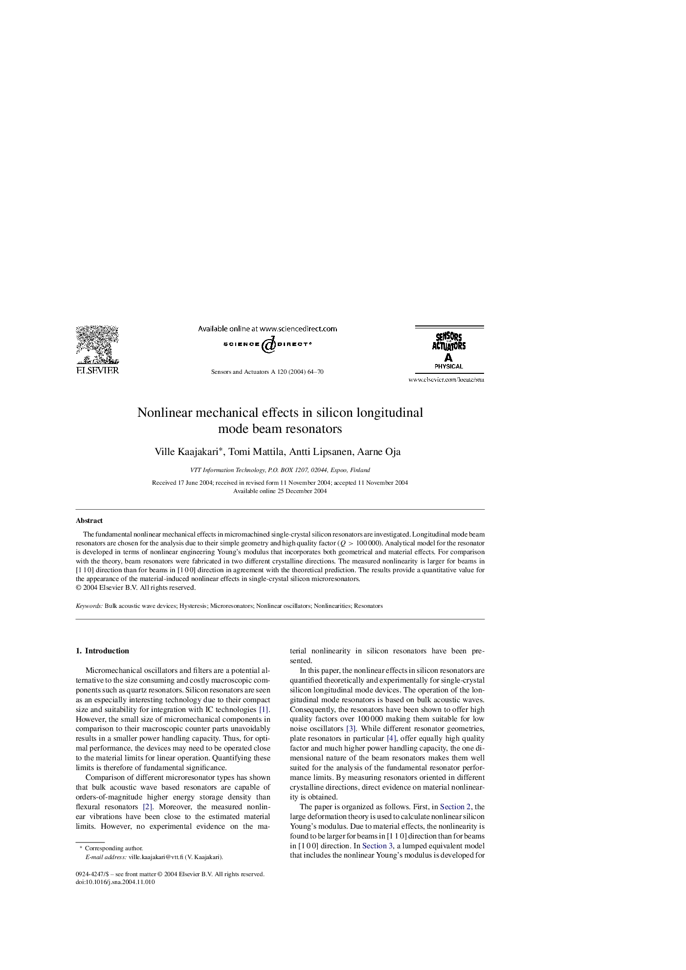 Nonlinear mechanical effects in silicon longitudinal mode beam resonators