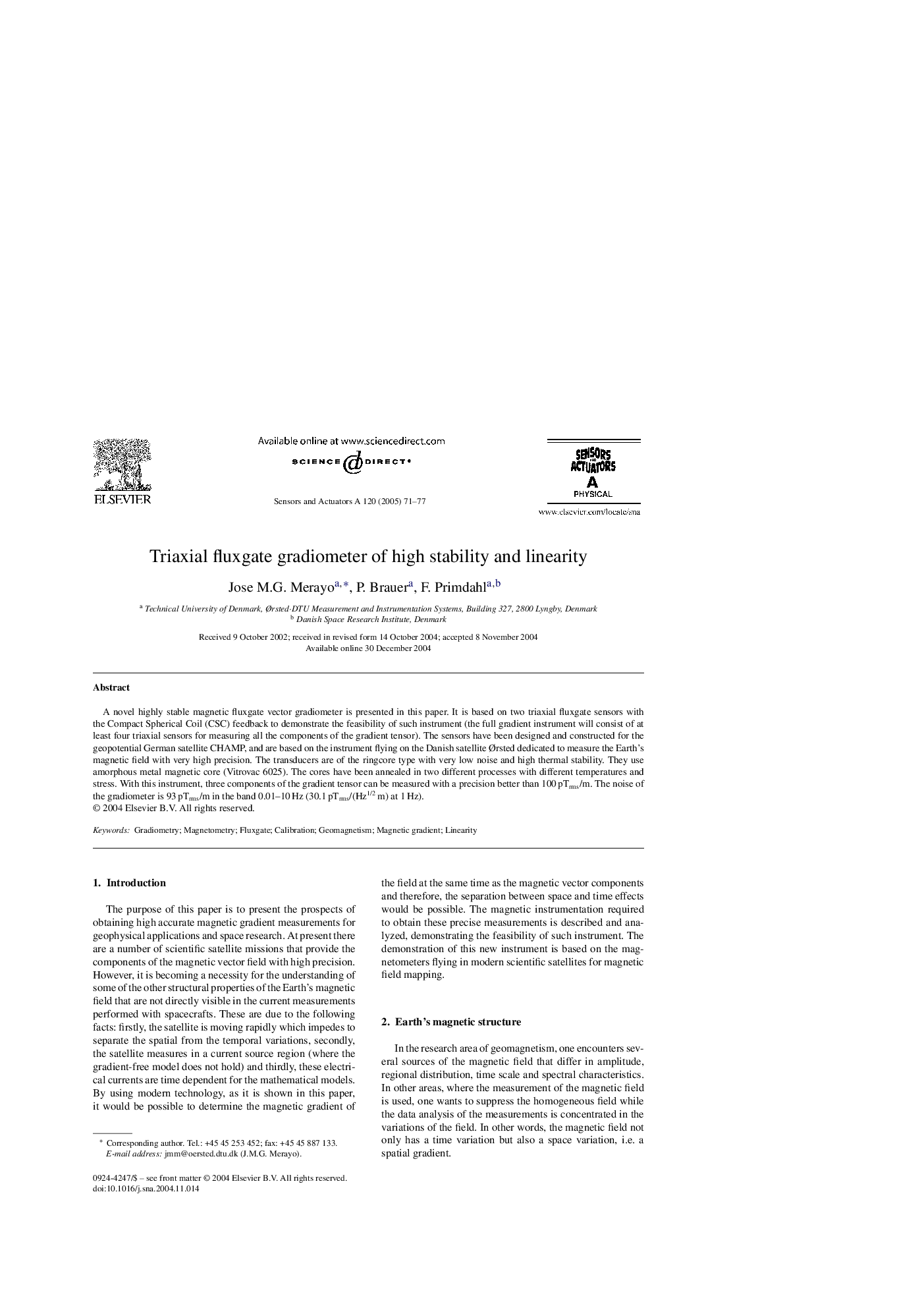 Triaxial fluxgate gradiometer of high stability and linearity