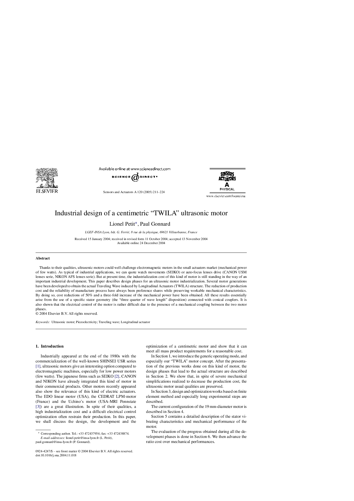 Industrial design of a centimetric “TWILA” ultrasonic motor