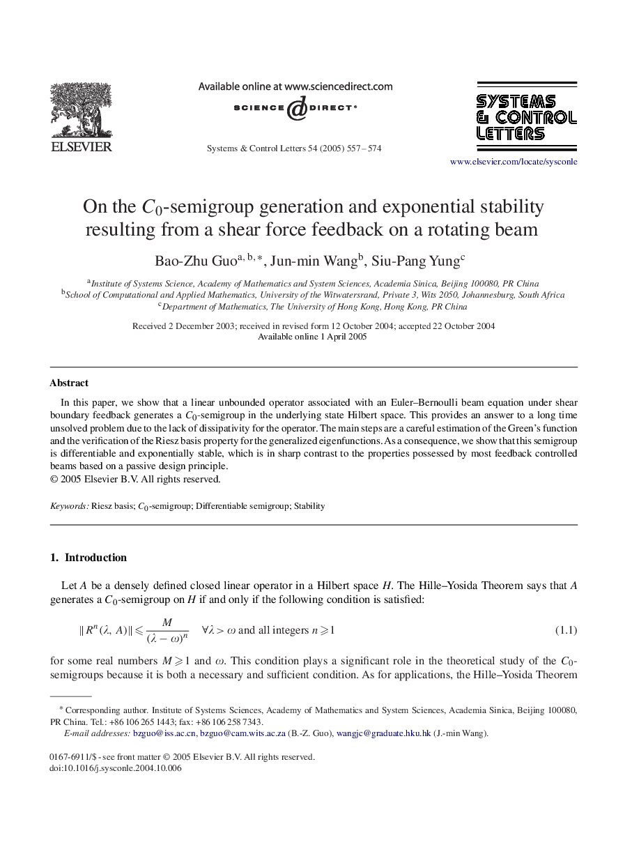 On the C0-semigroup generation and exponential stability resulting from a shear force feedback on a rotating beam