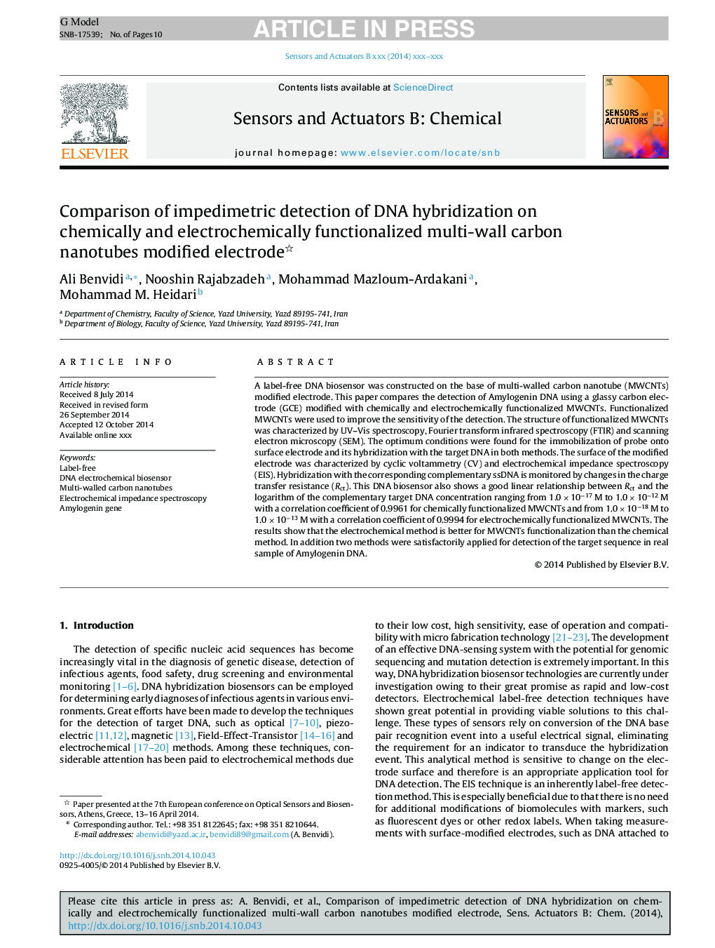 Comparison of impedimetric detection of DNA hybridization on chemically and electrochemically functionalized multi-wall carbon nanotubes modified electrode