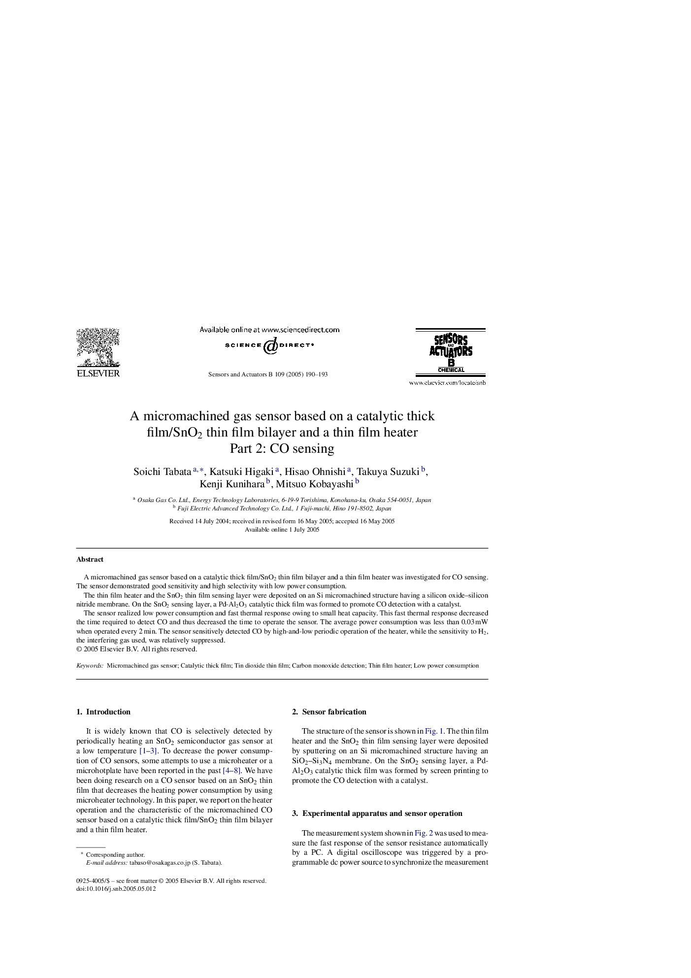 A micromachined gas sensor based on a catalytic thick film/SnO2 thin film bilayer and a thin film heater