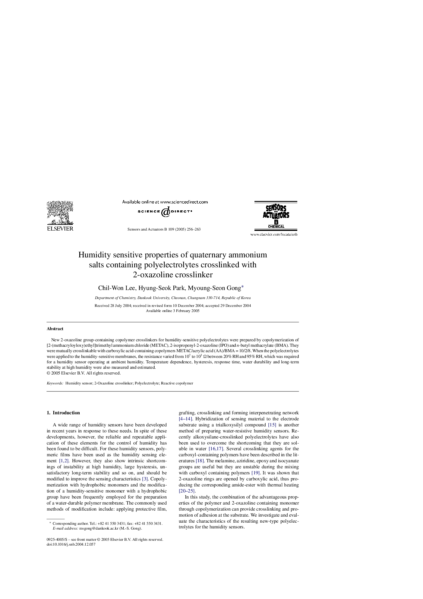 Humidity sensitive properties of quaternary ammonium salts containing polyelectrolytes crosslinked with 2-oxazoline crosslinker