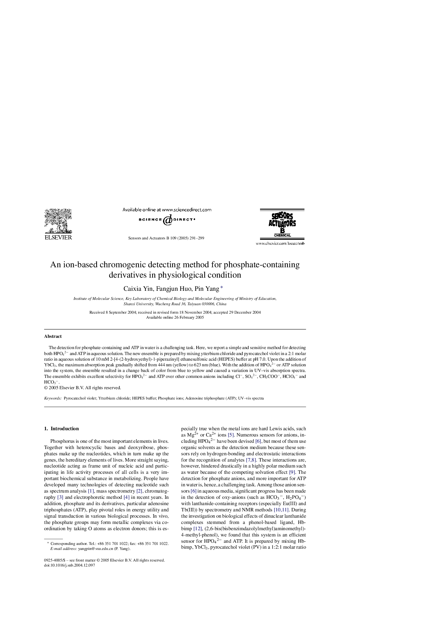 An ion-based chromogenic detecting method for phosphate-containing derivatives in physiological condition