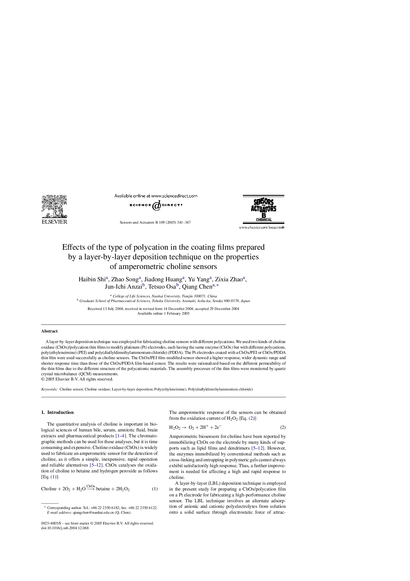 Effects of the type of polycation in the coating films prepared by a layer-by-layer deposition technique on the properties of amperometric choline sensors