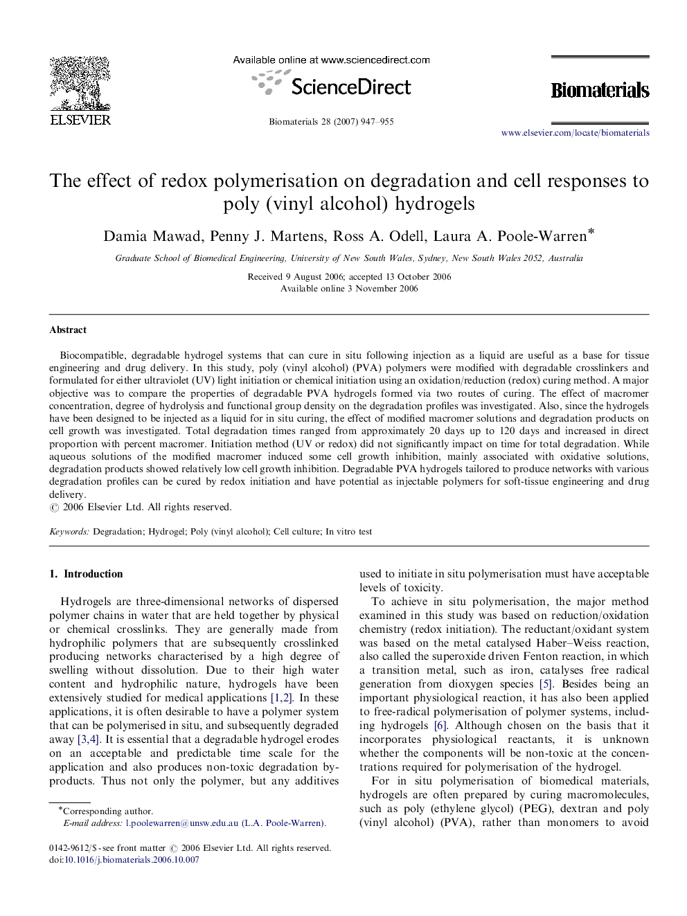 The effect of redox polymerisation on degradation and cell responses to poly (vinyl alcohol) hydrogels