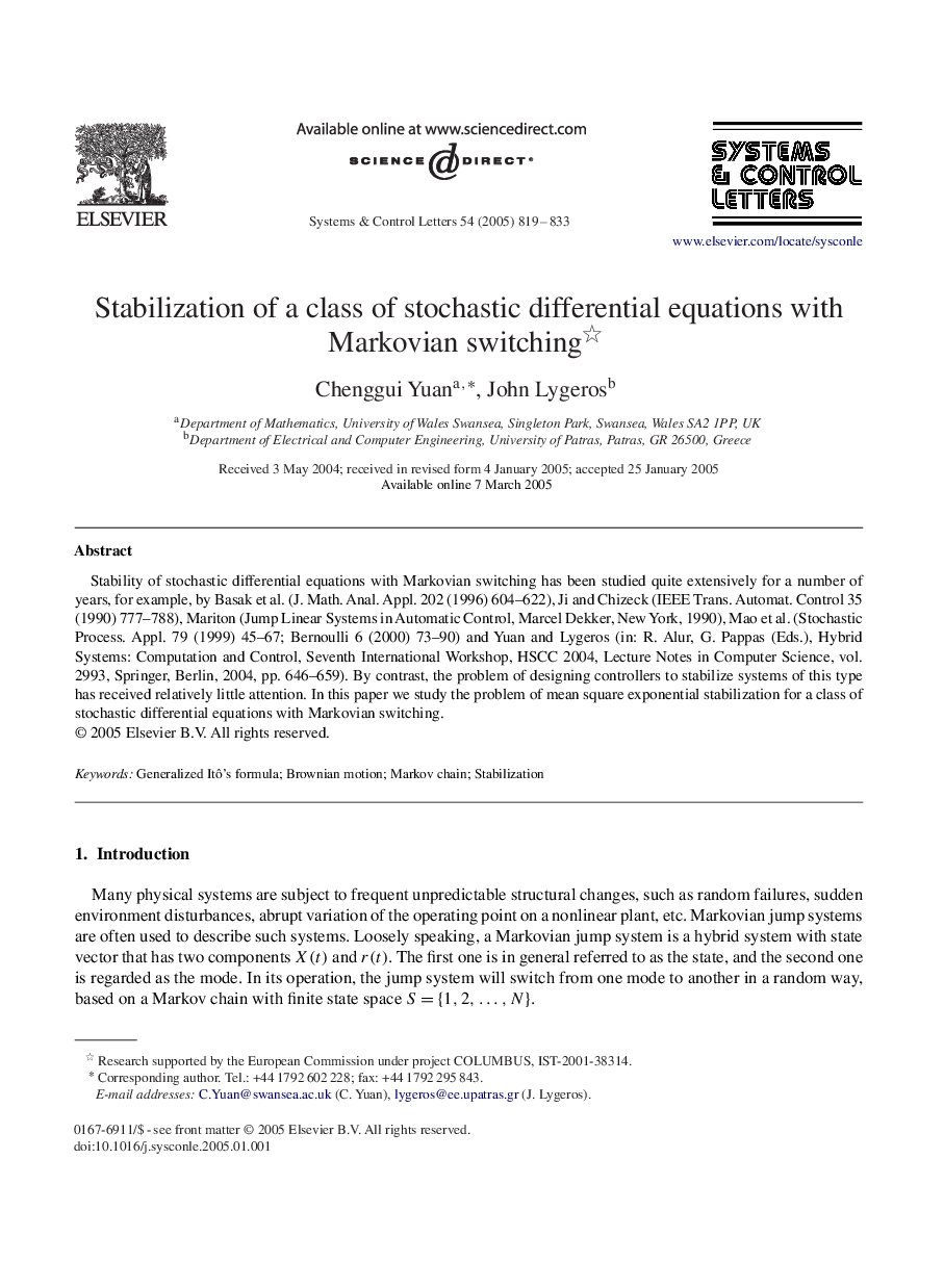 Stabilization of a class of stochastic differential equations with Markovian switching