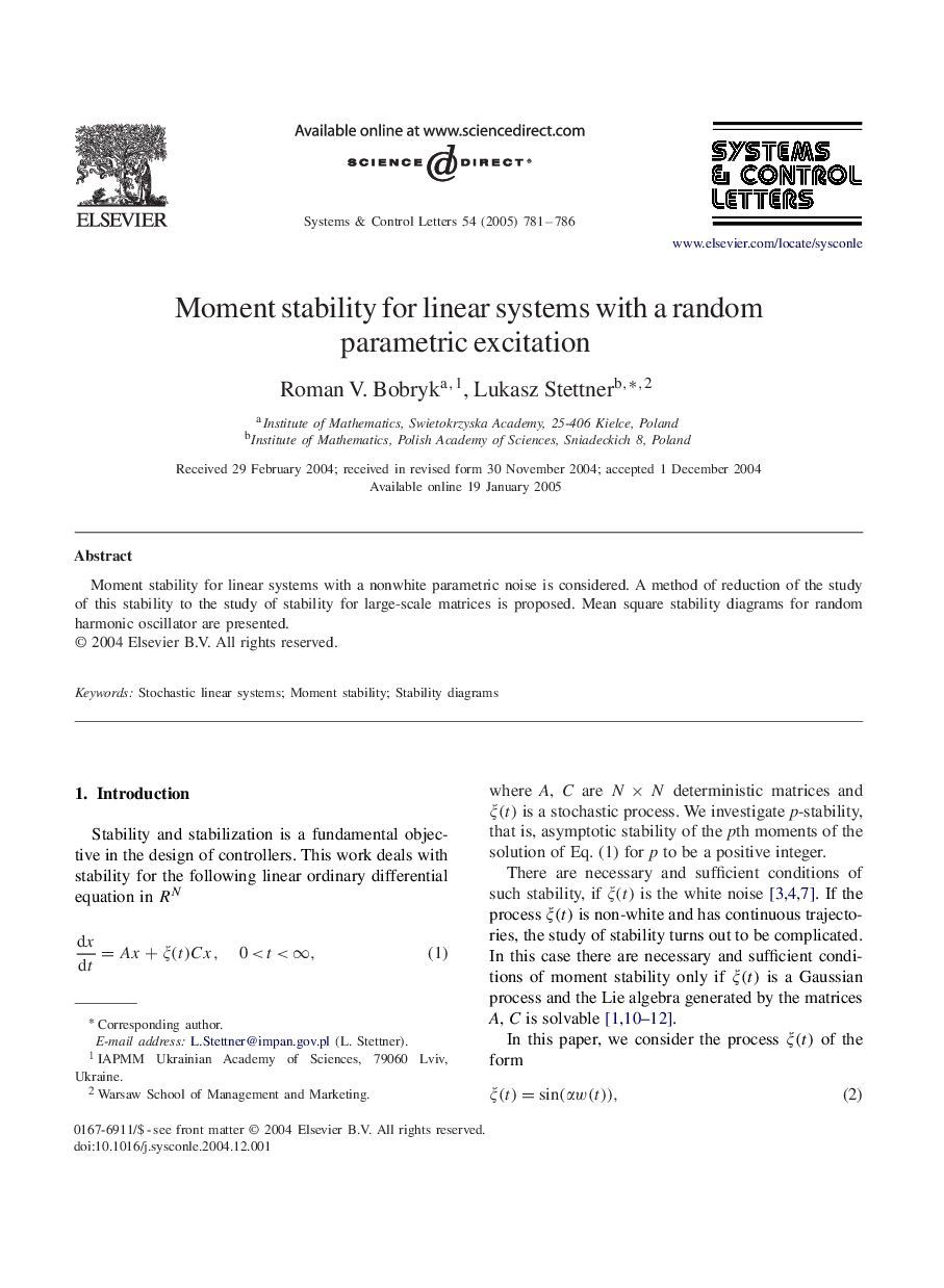 Moment stability for linear systems with a random parametric excitation