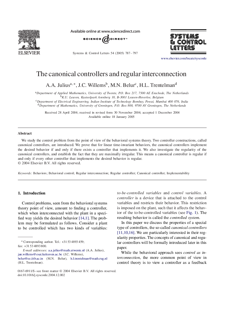 The canonical controllers and regular interconnection