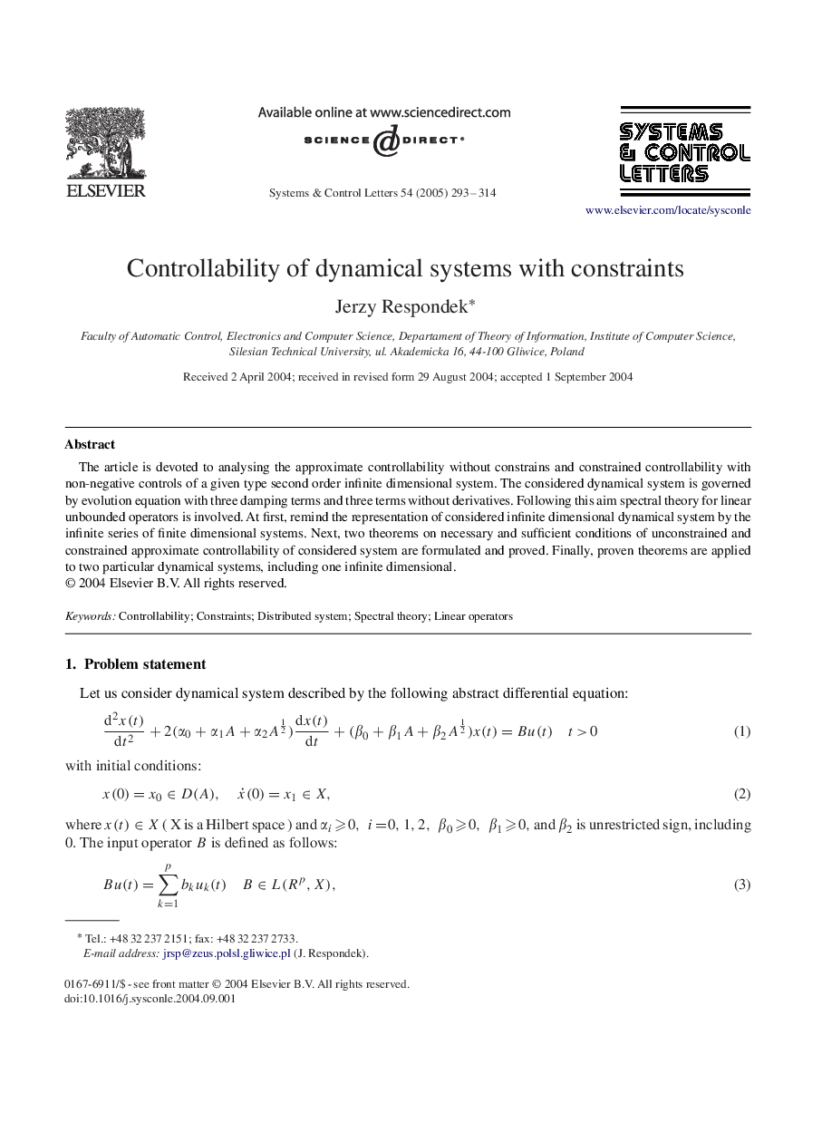 عکس صفحه اول مقاله: Controllability of dynamical systems with constraints Controllability of dynamical systems with constraints