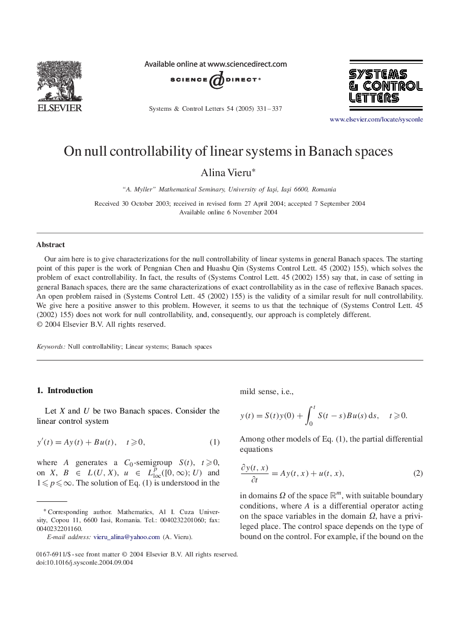 عکس صفحه اول مقاله: On null controllability of linear systems in Banach spaces On null controllability of linear systems in Banach spaces