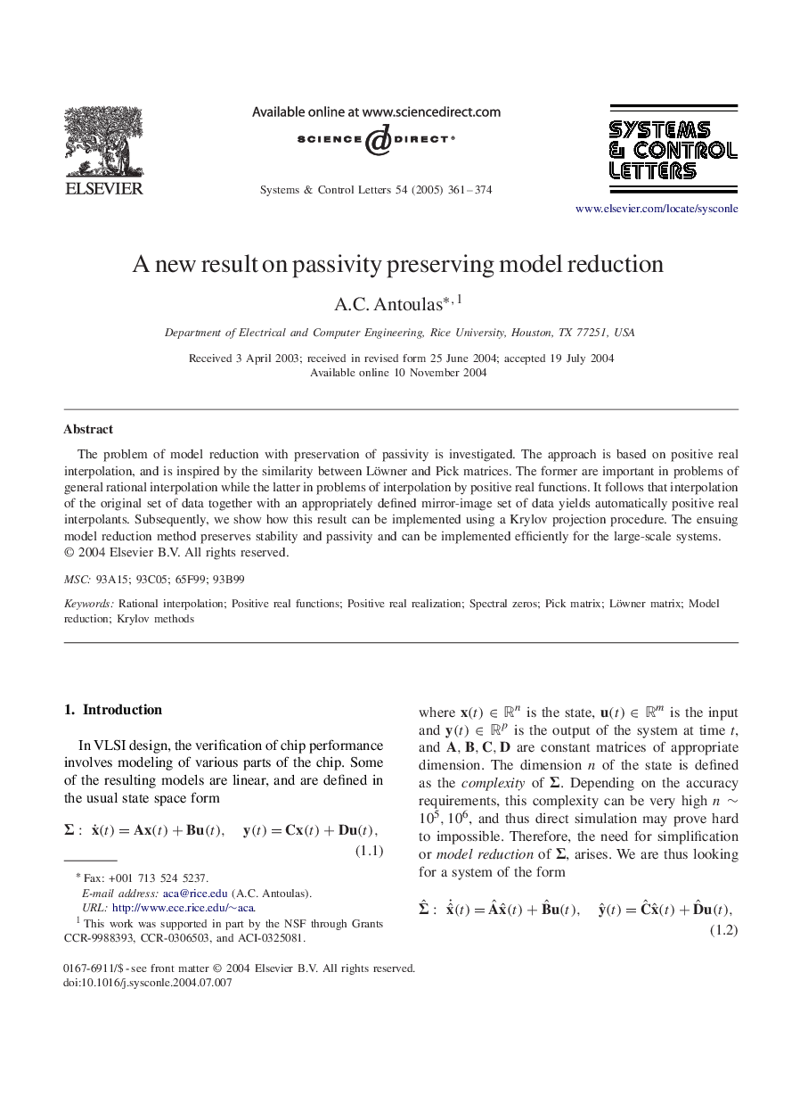 A new result on passivity preserving model reduction