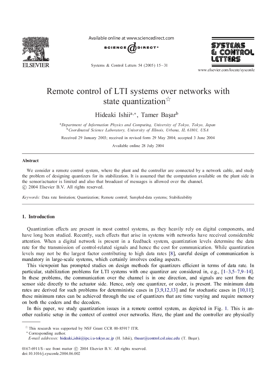 Remote control of LTI systems over networks with state quantization