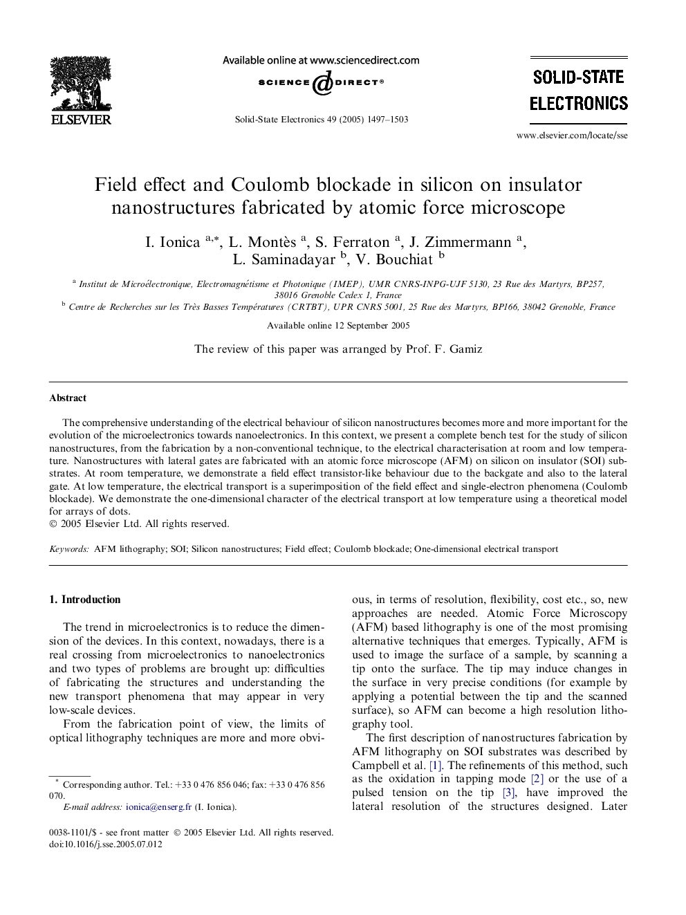 Field effect and Coulomb blockade in silicon on insulator nanostructures fabricated by atomic force microscope