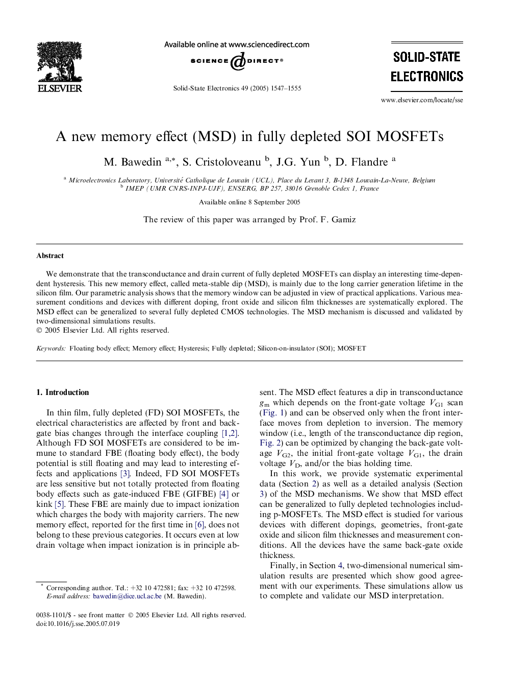 A new memory effect (MSD) in fully depleted SOI MOSFETs