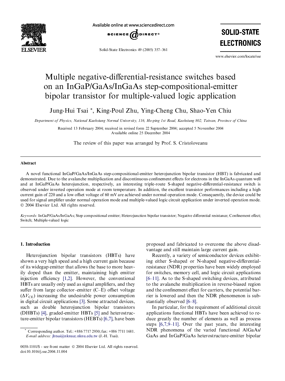 Multiple negative-differential-resistance switches based on an InGaP/GaAs/InGaAs step-compositional-emitter bipolar transistor for multiple-valued logic application