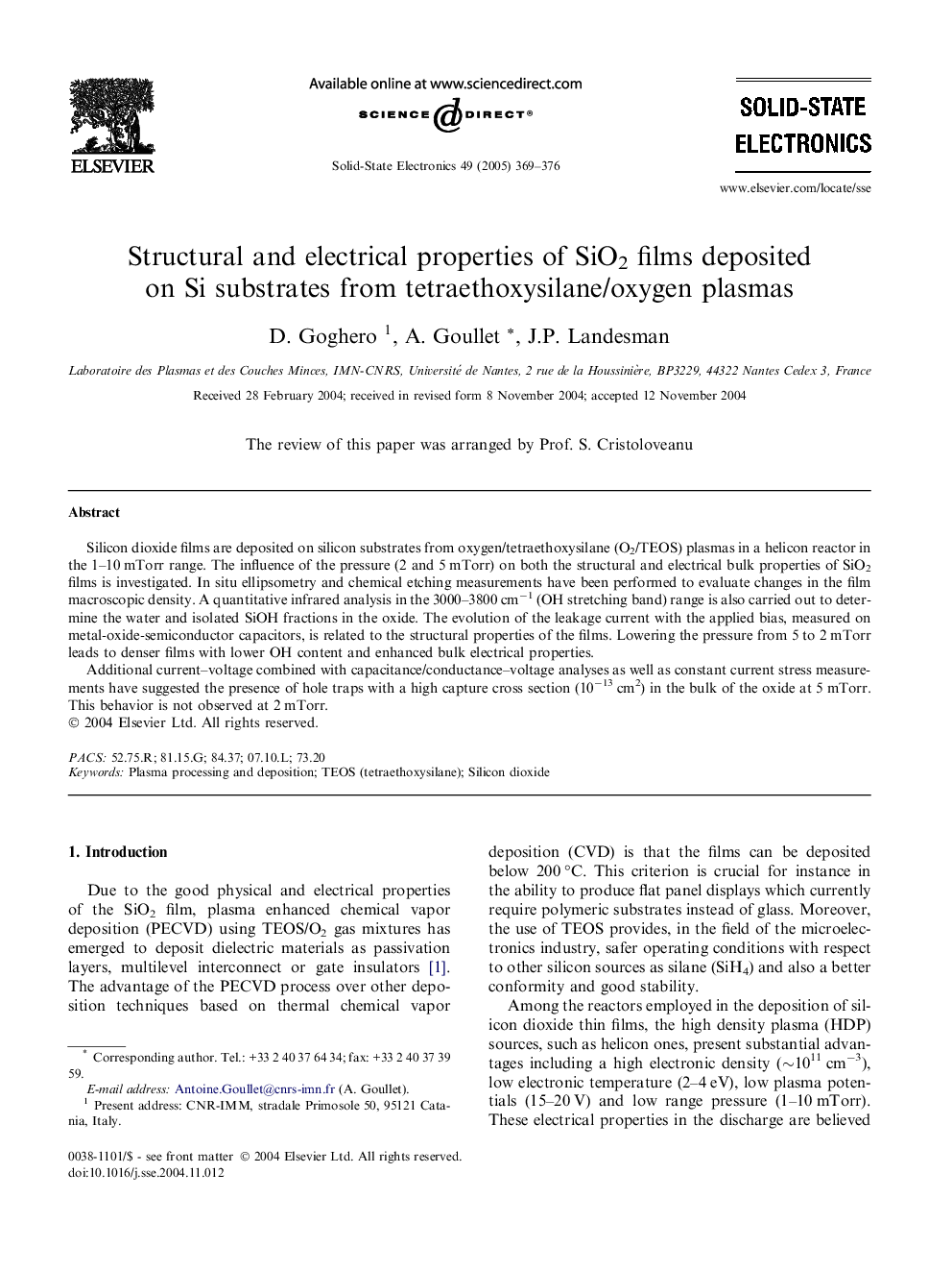 Structural and electrical properties of SiO2 films deposited on Si substrates from tetraethoxysilane/oxygen plasmas