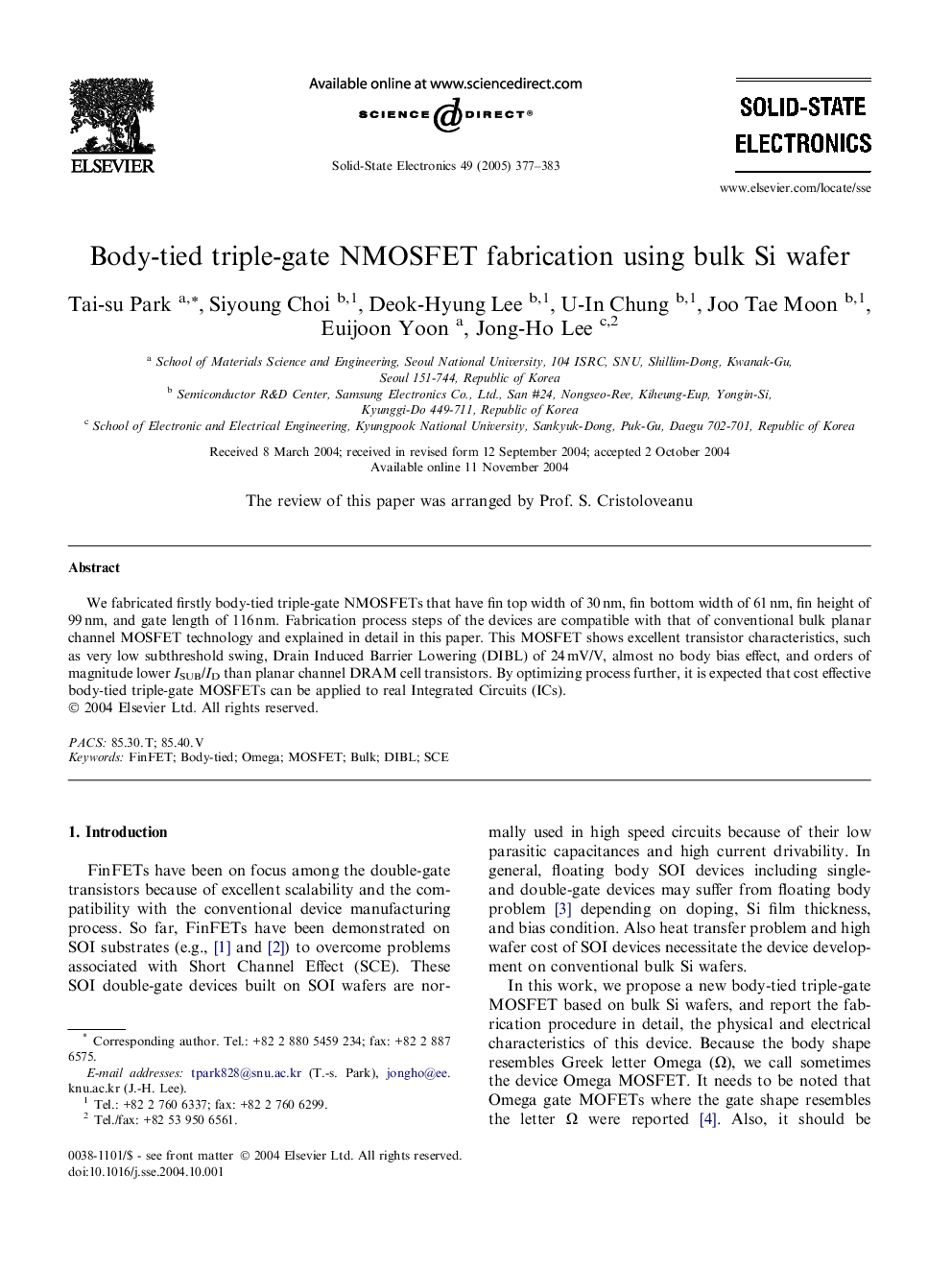 Body-tied triple-gate NMOSFET fabrication using bulk Si wafer