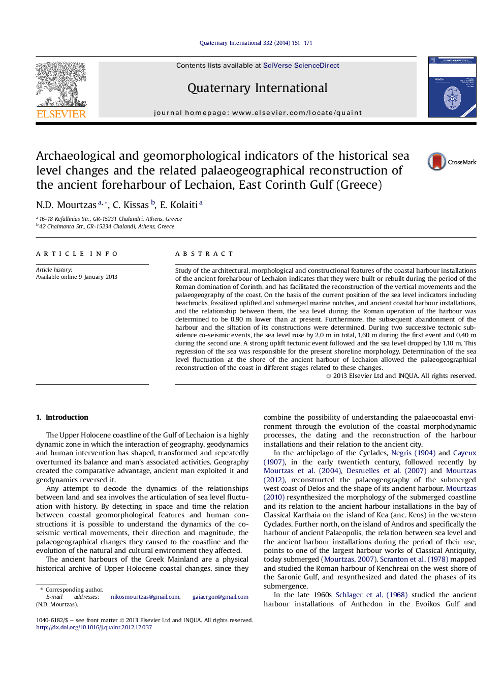 Archaeological and geomorphological indicators of the historical sea level changes and the related palaeogeographical reconstruction of the ancient foreharbour of Lechaion, East Corinth Gulf (Greece)