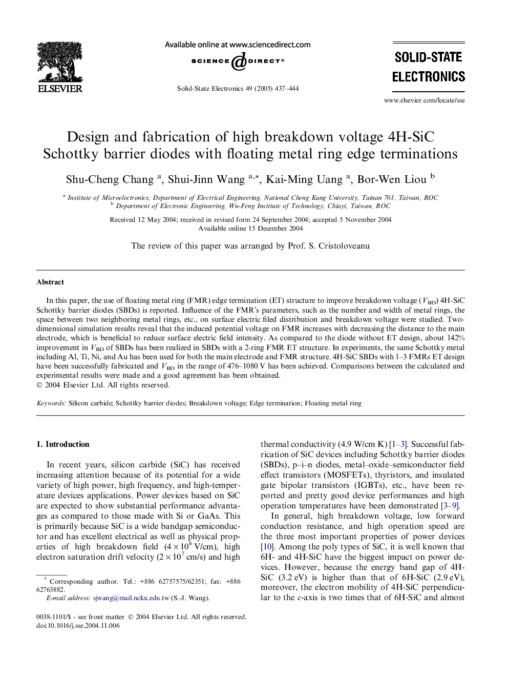 Design and fabrication of high breakdown voltage 4H-SiC Schottky barrier diodes with floating metal ring edge terminations