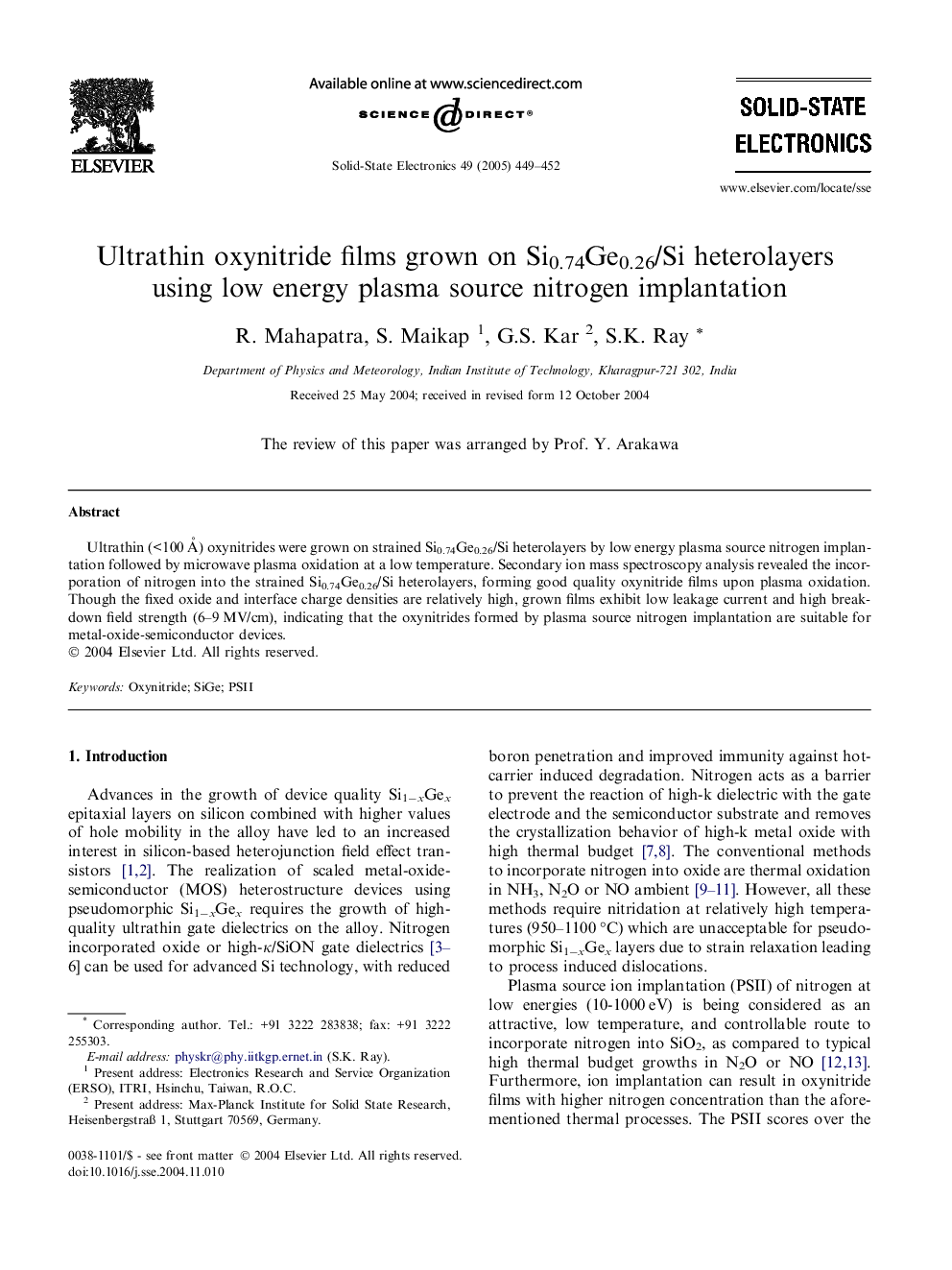 Ultrathin oxynitride films grown on Si0.74Ge0.26/Si heterolayers using low energy plasma source nitrogen implantation