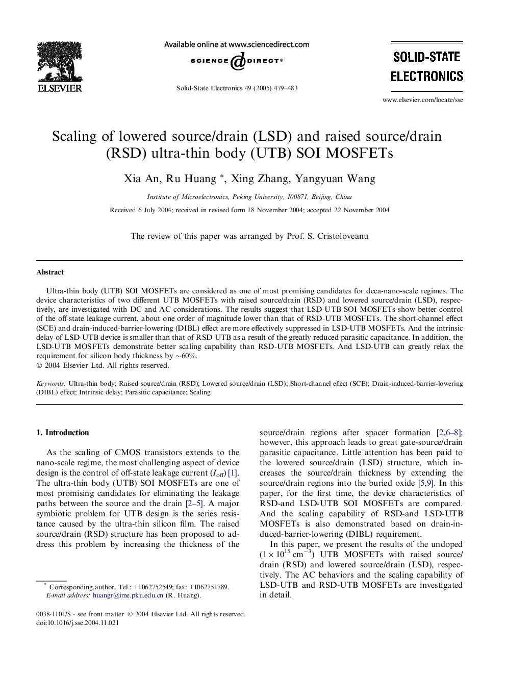 Scaling of lowered source/drain (LSD) and raised source/drain (RSD) ultra-thin body (UTB) SOI MOSFETs