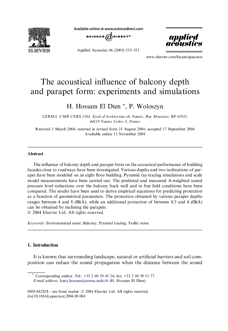 The acoustical influence of balcony depth and parapet form: experiments and simulations