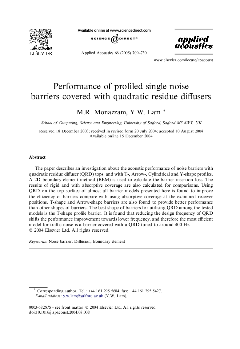 Performance of profiled single noise barriers covered with quadratic residue diffusers