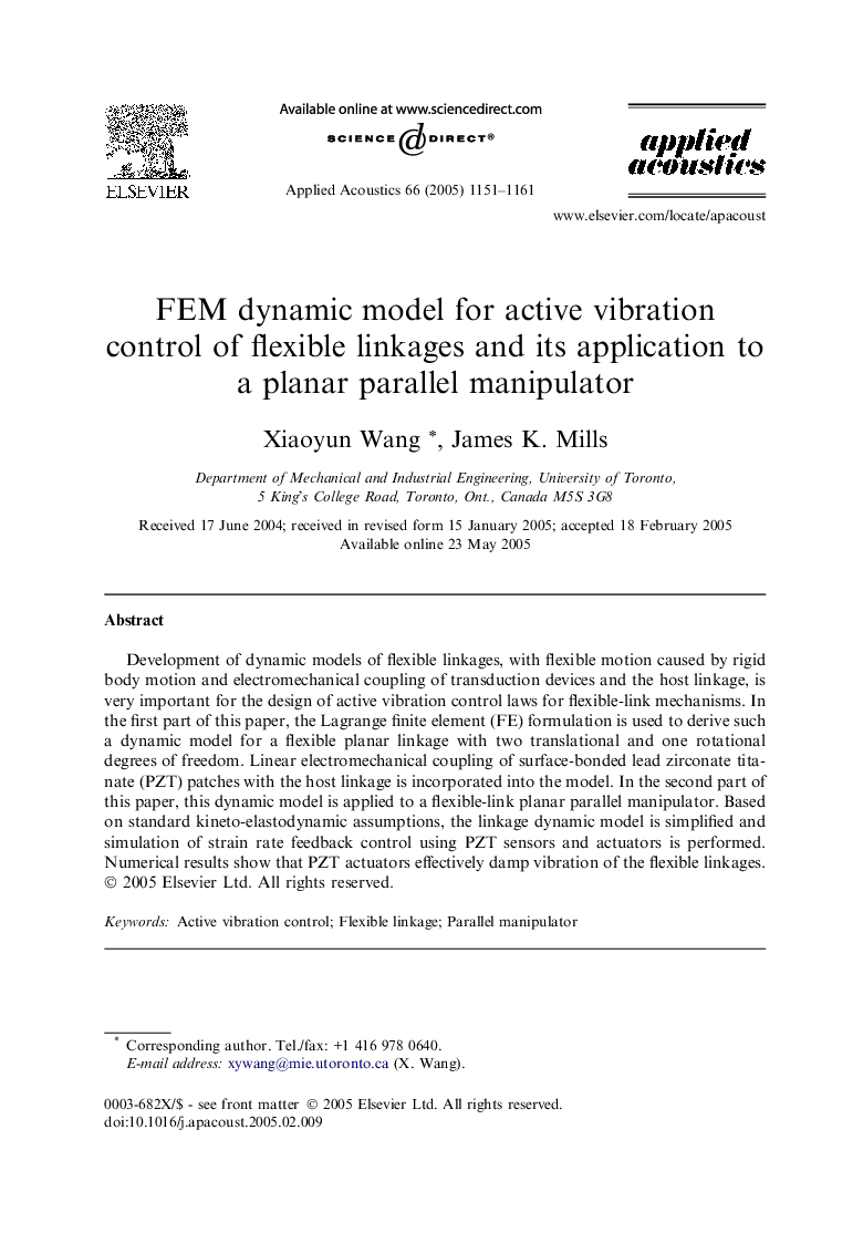 FEM dynamic model for active vibration control of flexible linkages and its application to a planar parallel manipulator